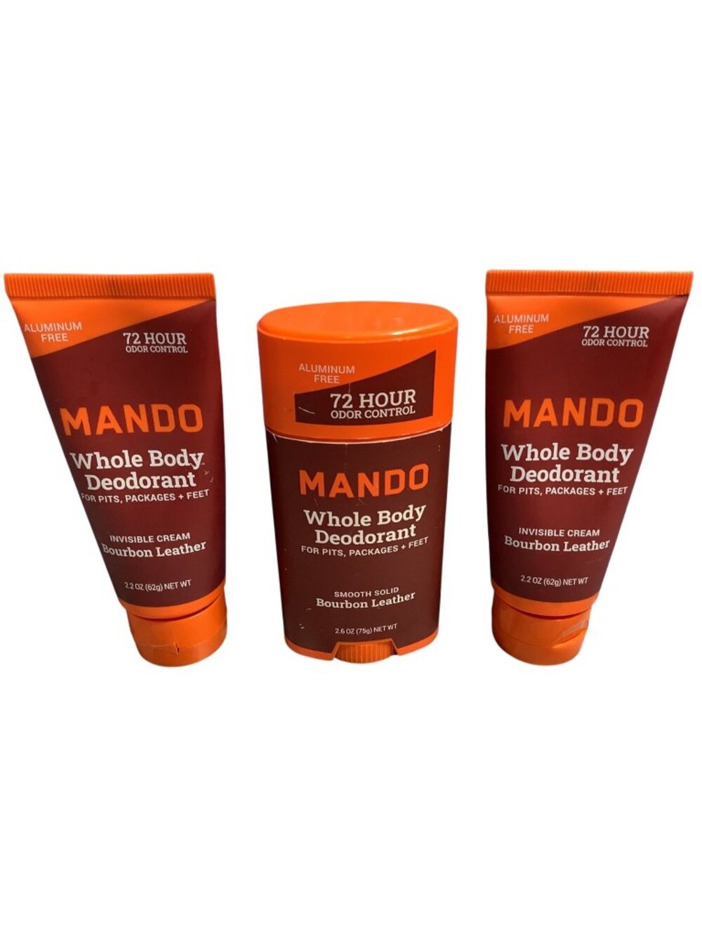 3 Mando Whole Body Deodorant Bourbon Leather Cream 2.2 Oz & 2.6 Oz Stick 72 Hour